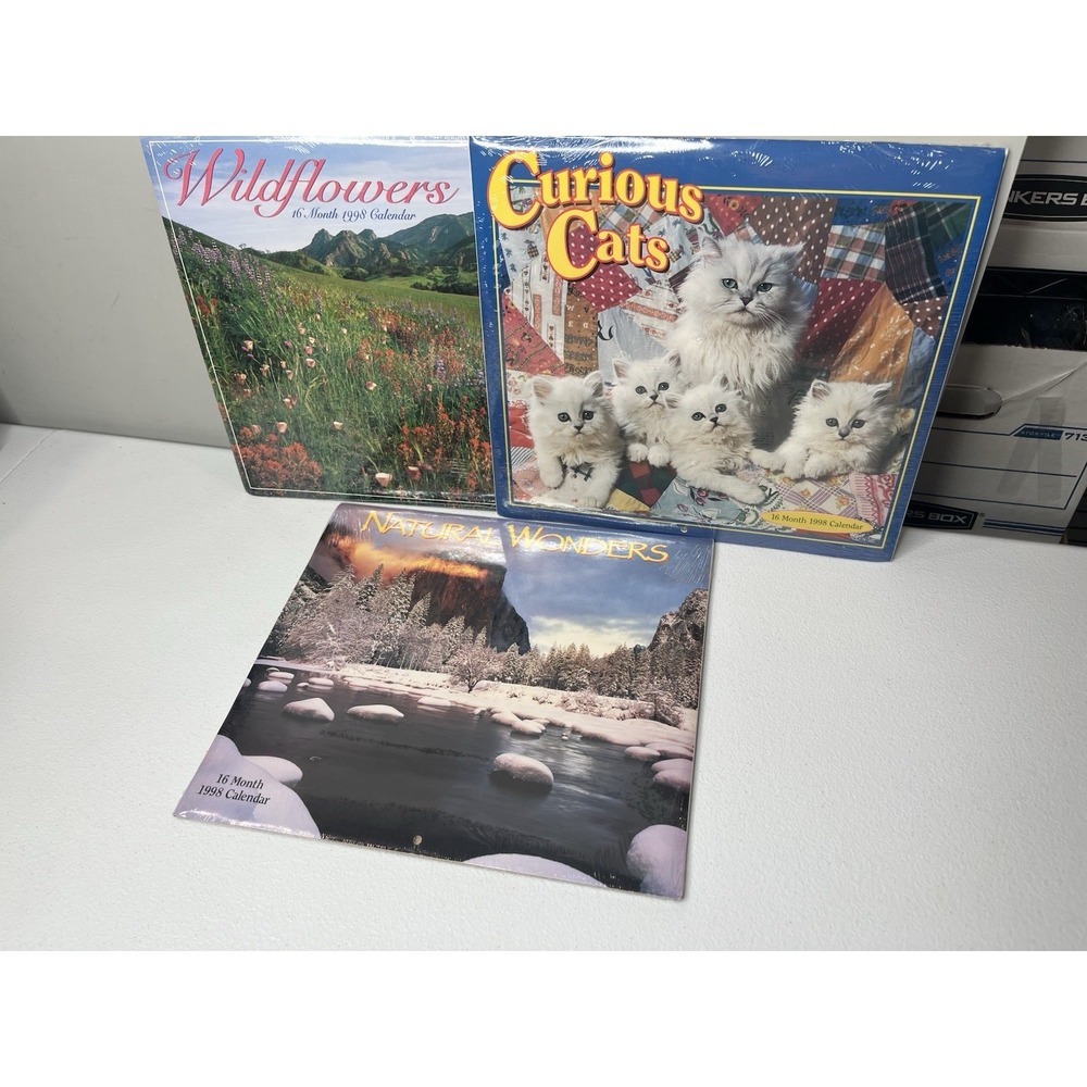 Lot Of 3 Vtg Wall Calendar 1998 Curious Cats Wildflowers Natural Wonders
